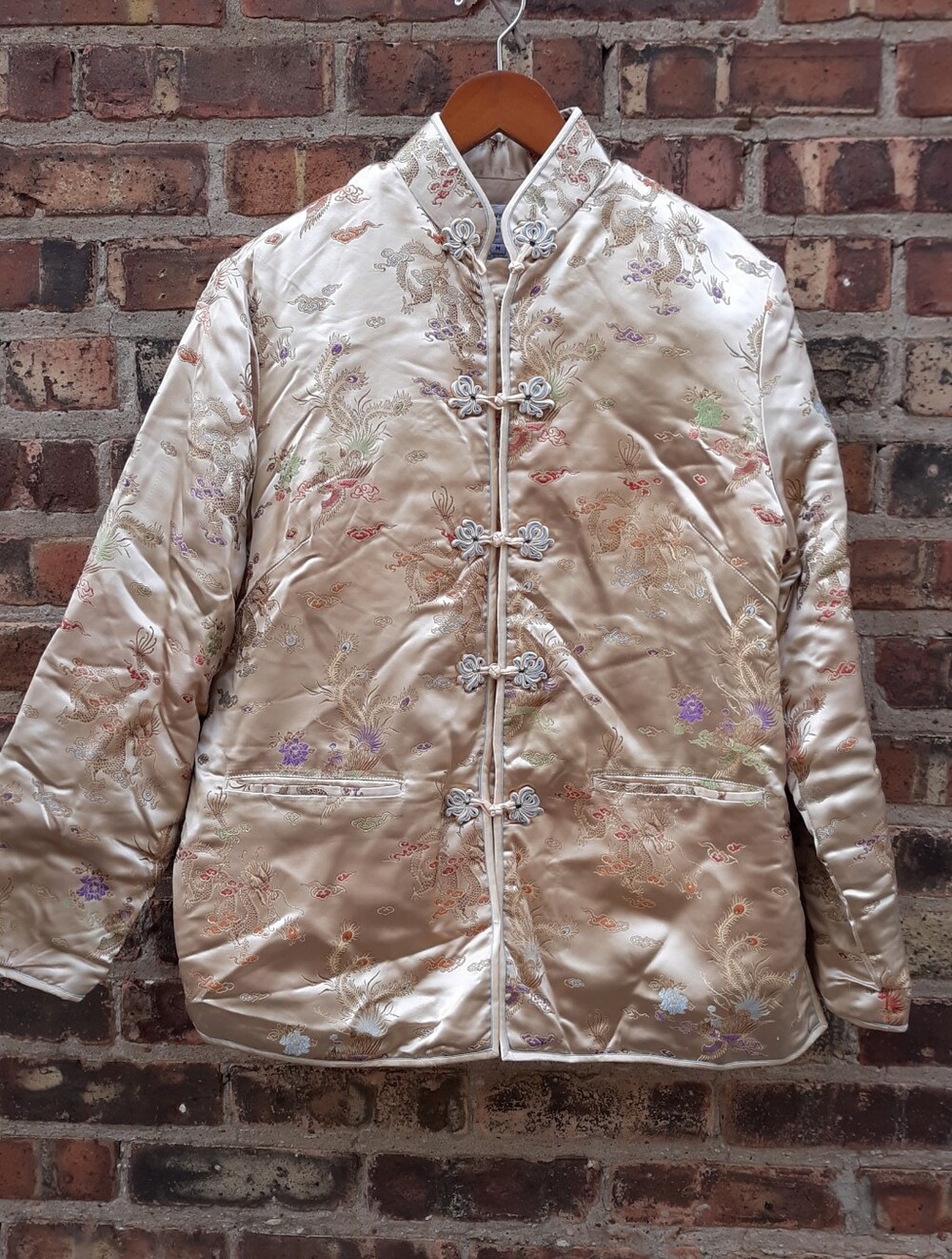 Chinatown Bazaar Vintage Rayon Brocade Quilted Jacket Frog Button Dragon Gold M